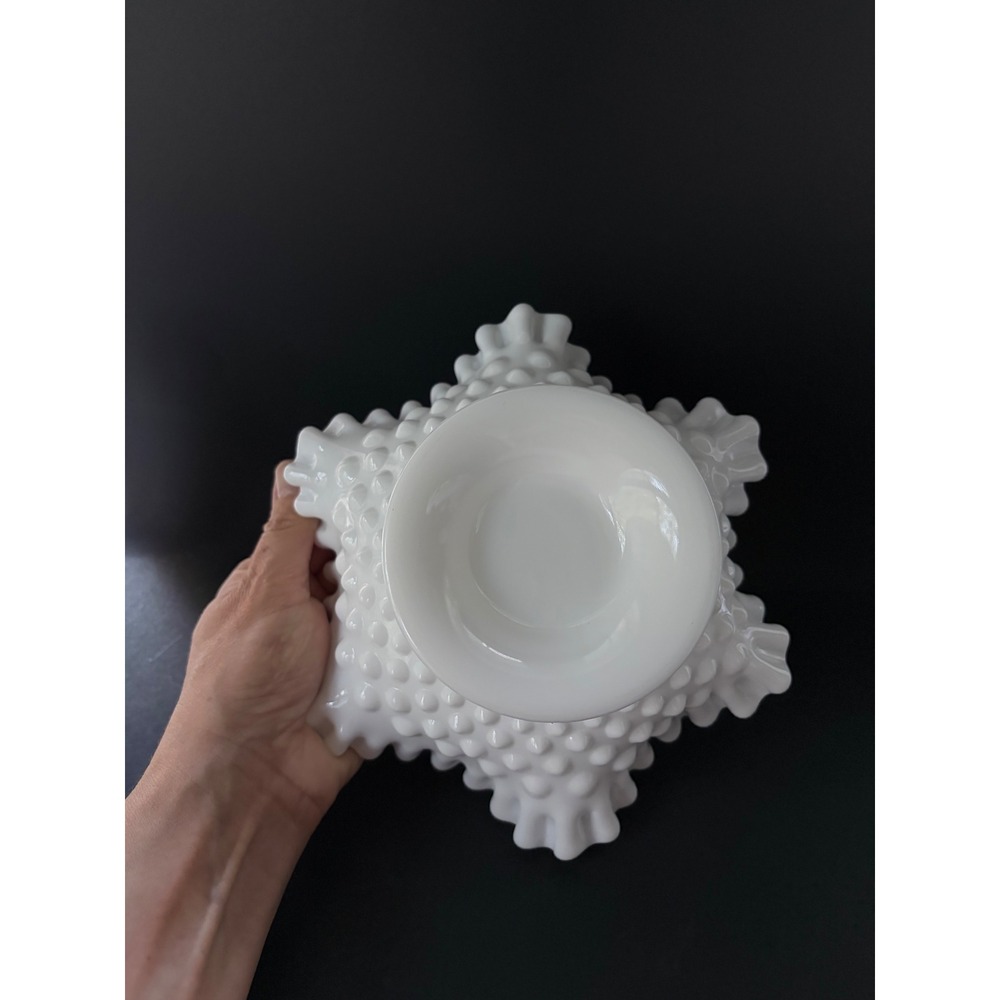 Fenton Hobnail | White Milk Glass | Ruffled Pedestal Candle Holder | Centerpiece - Picture 4 of 11